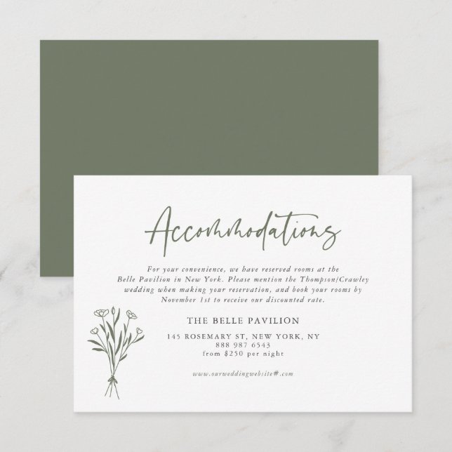 Taupe Green Minimalist Bouquet Accommodations Enclosure Card (Front/Back)