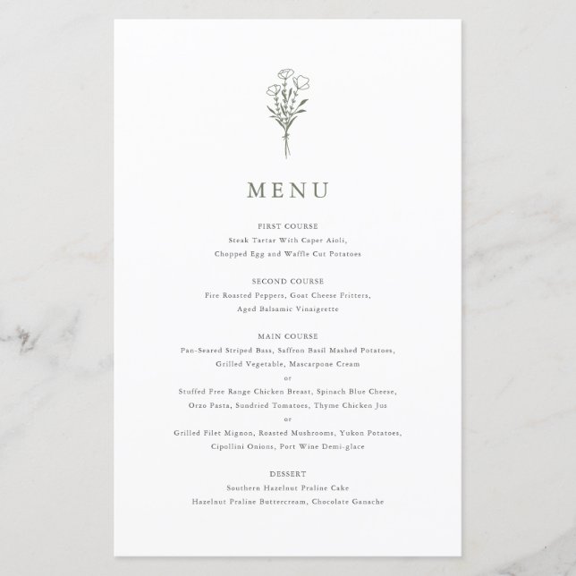 Taupe Green Minimalist Floral Bouquet Menu Card (Front)