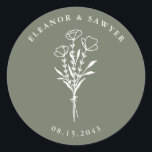 Taupe Green Minimalist Floral Bouquet Wedding Classic Round Sticker<br><div class="desc">Send thanks with these customizable wedding stickers. It features a minimalist floral bouquet, handwritten script and simple typography. Personalize these minimalist stickers by adding names and date. These floral wedding stickers are perfect for weddings, bridal showers, engagement parties, and so much more. Tailor your botanical wedding stickers to match your...</div>