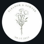 Taupe Green Minimalist Floral Bouquet Wedding Classic Round Sticker<br><div class="desc">Send thanks with these customizable wedding stickers. It features a minimalist floral bouquet, handwritten script and simple typography. Personalize these minimalist stickers by adding names and date. These floral wedding stickers are perfect for weddings, bridal showers, engagement parties, and so much more. Tailor your botanical wedding stickers to match your...</div>