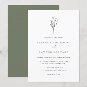 Taupe Green Minimalist Floral Bouquet Wedding Invitation