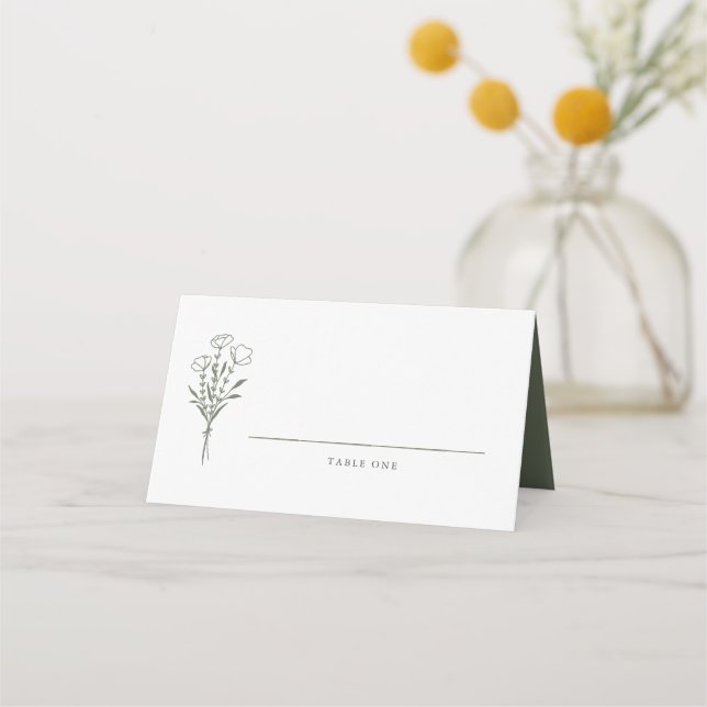 Taupe Green Minimalist Floral Bouquet Wedding  Place Card (Front)