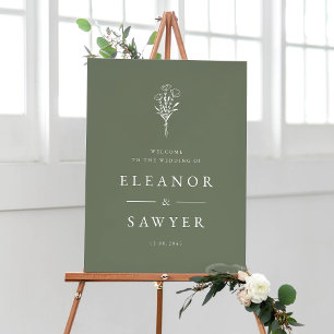 Taupe Green Minimalist Floral Bouquet Wedding Poster