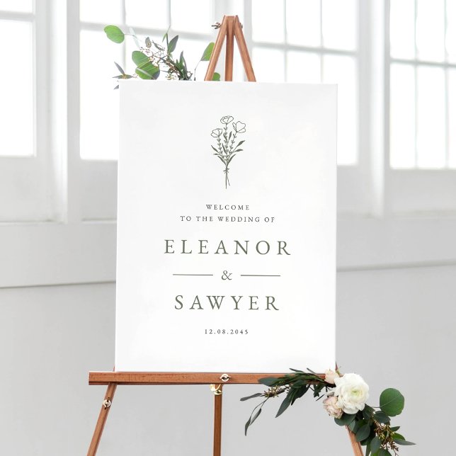 Taupe Green Minimalist Floral Bouquet Wedding Poster (Taupe Green Minimalist Floral Bouquet Wedding Welcome Sign)