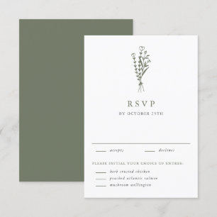 Taupe Green Minimalist Floral Bouquet Wedding RSVP Card