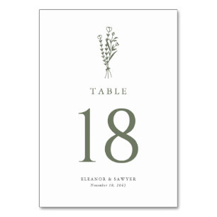 Taupe Green Minimalist Floral Bouquet Wedding Table Number
