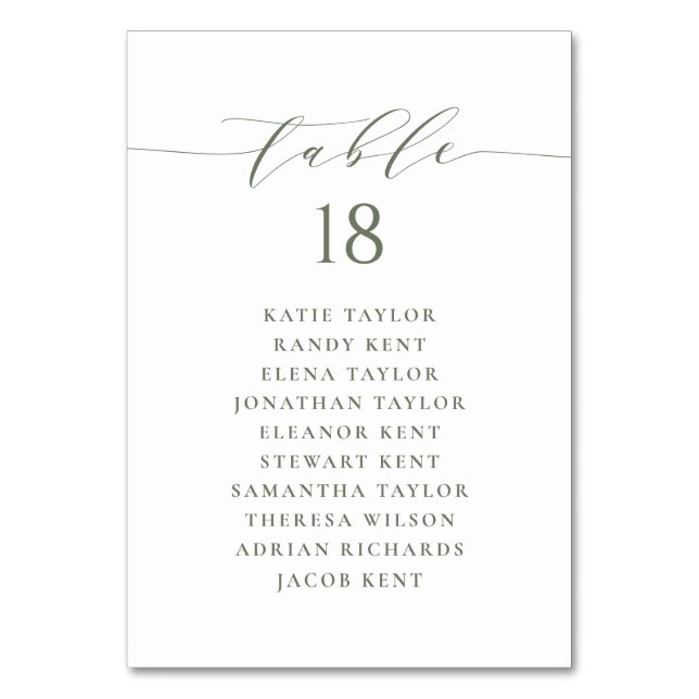Taupe Green Minimalist Script Wedding Seating Plan Table Number (Front)