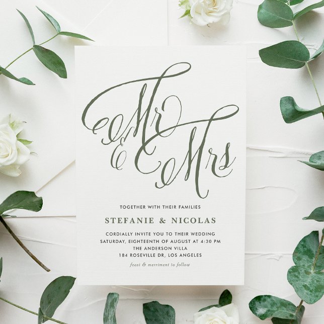 Taupe Green Mrs. and Mrs. Rustic Script Wedding Invitation (Taupe Green Mrs. and Mrs. Rustic Calligraphy Wedding Invitation)