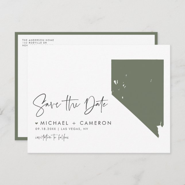 Taupe Green Nevada State Map QR Code Save the Date Announcement Postcard (Front/Back)