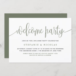 Taupe Green Pretty Calligraphy Welcome Party Invitation