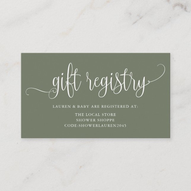 Taupe Green Pretty Script Baby Shower Registry Enclosure Card (Front)