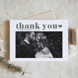 Taupe Green Retro Bold Typography Photo Wedding Thank You Card<br><div class="desc">Express your gratitude in style with our customizable photo wedding thank you card, featuring retro typography in taupe green. This boho design blends nostalgia with a modern touch, making it the perfect way to thank your guests for sharing in your special day. Personalize by adding your details. Make your thank...</div>
