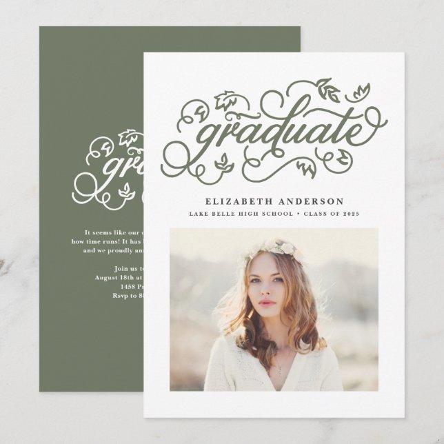 Taupe Green Rustic Calligraphy Photo Graduation Announcement (Front/Back)