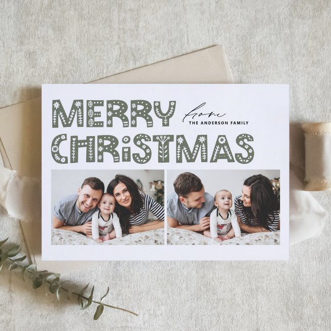 Taupe Green Scandinavian Two Photo Christmas Holiday Card (Creator Uploaded)