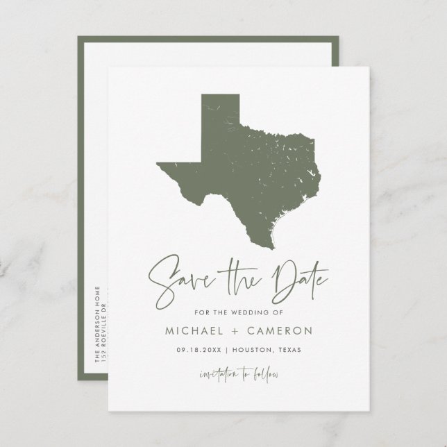Taupe Green Texas State Map QR Code Save the Date Announcement Postcard (Front/Back)