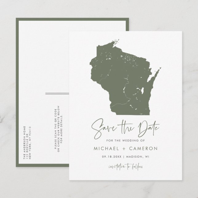 Taupe Green Wisconsin Map QR Code Save the Date Announcement Postcard (Front/Back)