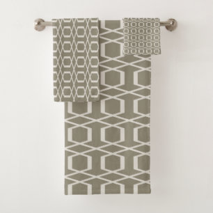 Taupe Greige Geometric Trellis Mid Century Modern Bath Towel Set