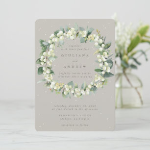 Taupe/Greige Snowberry+Eucalyptus Wreath Wedding Invitation