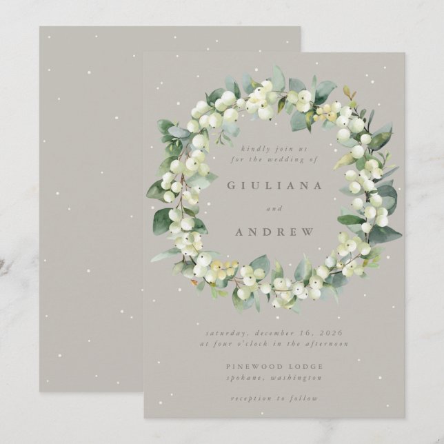 Taupe/Greige Snowberry+Eucalyptus Wreath Wedding Invitation (Front/Back)