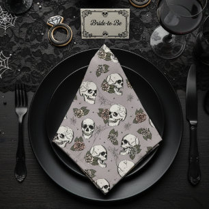 Taupe Grey Gothic Skulls and Roses Halloween Cloth Napkin