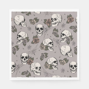 Taupe Grey Gothic Skulls and Roses Halloween Napkins