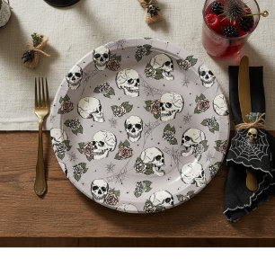 Taupe Grey Gothic Skulls and Roses Halloween Paper Plates