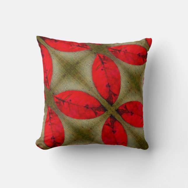 Taupe grey red green fall leaves solid back throw pillow (Front)