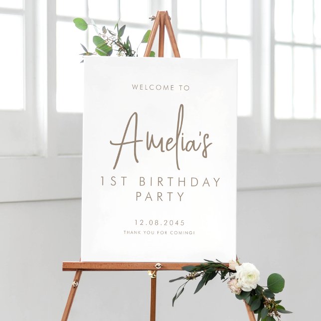 Taupe Handwritten Script First Birthday Welcome Poster (Creator Uploaded)