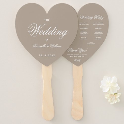 Taupe Heart Elegant Calligraphy Wedding Program Hand Fan