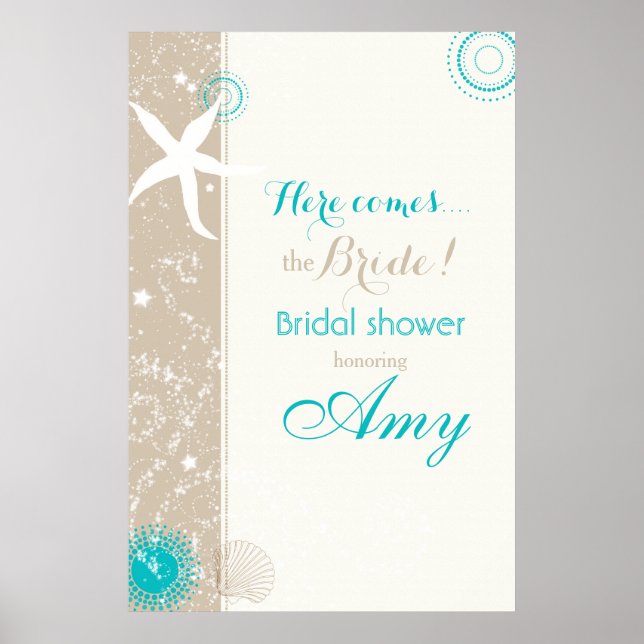 Taupe Ivory Aqua Beach Bridal Shower Poster (Front)