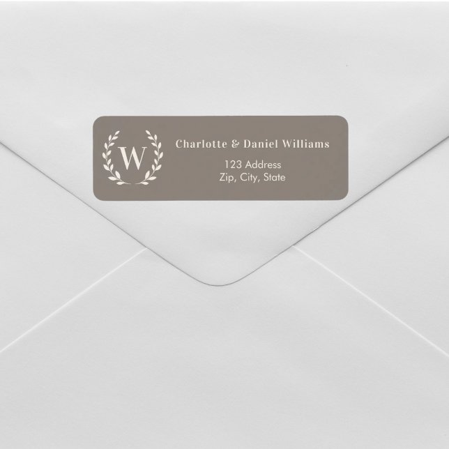 Taupe ivory monogram initial wreath return address label (Creator Uploaded)
