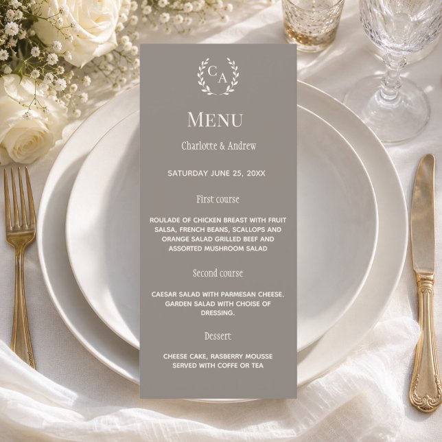 Taupe Ivory monogram wreath classic dinner wedding Menu (Creator Uploaded)