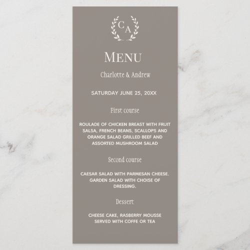 Taupe Ivory monogram wreath classic dinner wedding Menu