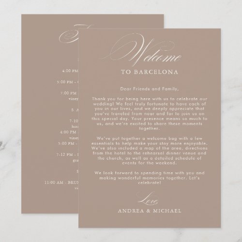 Taupe Ivory Wedding Welcome Letter Itinerary Card