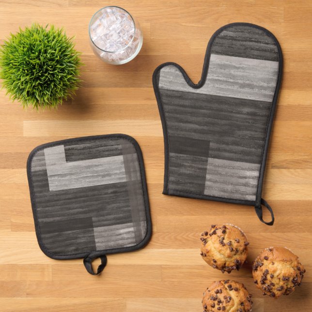 Taupe Jean patch Work Faux Burlap Oven Mitt & Pot Holder Set (Top Down)