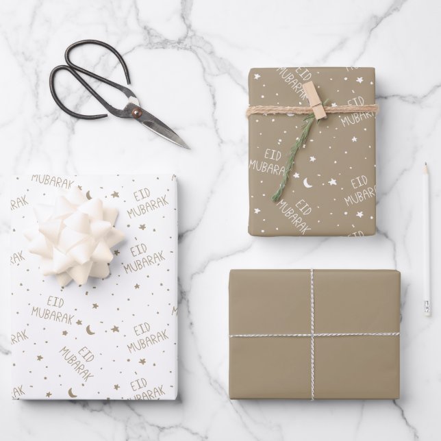 Taupe Kids Eid Mubarak Wrapping Paper Sheets (Front)