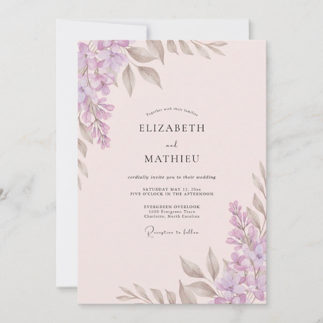 Taupe Lilac Leafy Wedding Invitation (Front)