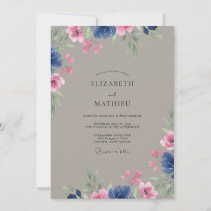 Taupe Magenta Petal Wedding Invitation
