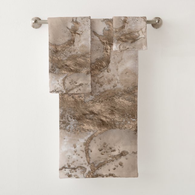 Taupe marble and gold abstract bath towel set (Insitu)