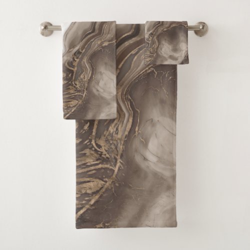 Taupe marble and gold abstract bath towel set