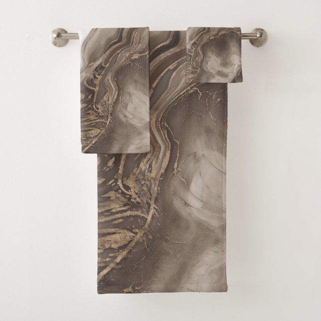 Taupe marble and gold abstract bath towel set (Insitu)