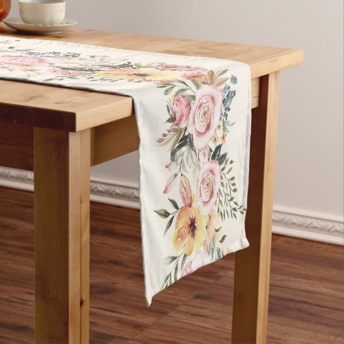 Taupe Mauve Watercolor Floral Garland Short Table Runner