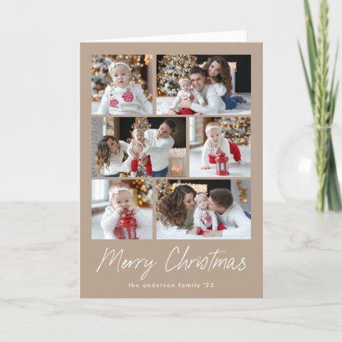 Taupe Merry Christmas Script 6 Photo Collage Holiday Card