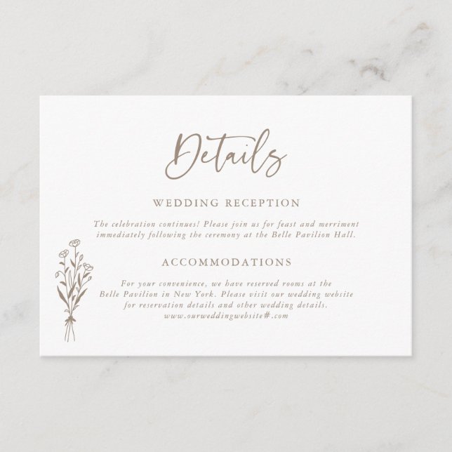 Taupe Minimailist Floral Bouquet Wedding Details Enclosure Card (Front)