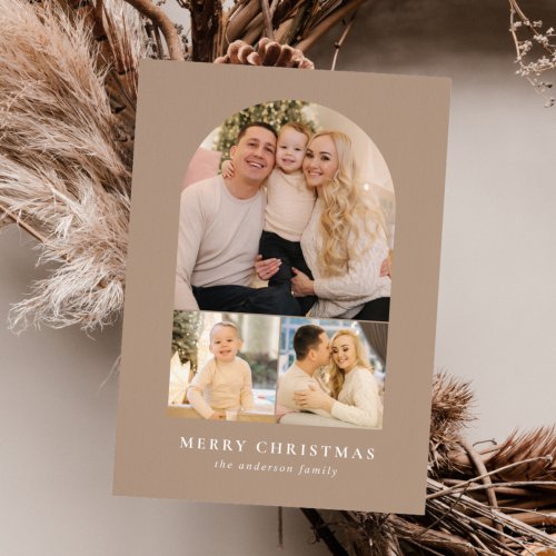 Taupe Minimalist Arch 3 Photo Holiday Card