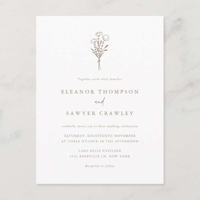 Taupe Minimalist Floral Bouquet QR Code Wedding Invitation Postcard (Front)