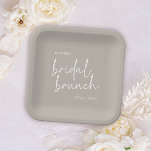 Taupe Minimalist Script Bridal Brunch Paper Plates