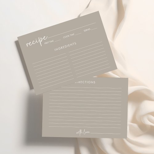 Taupe Minimalist Script Bridal Shower Recipe Card