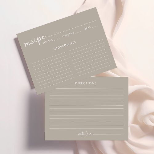 Taupe Minimalist Script Bridal Shower Recipe Card