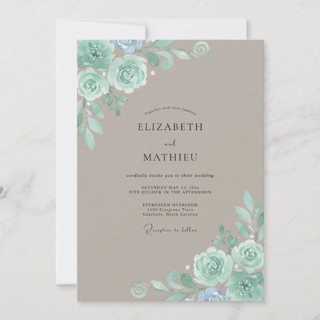Taupe Mint Peony Wedding Invitation (Front)